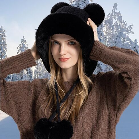 Winter Knitted Beanie with Pompom for Women Fluffy Fur Hat Fuzzy Skull Cap Warm Ear Flaps Ski Snow Hat Cute in Saudi Arabia