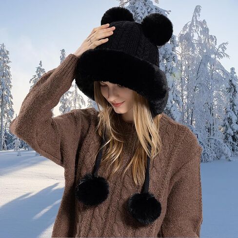 Winter Knitted Beanie with Pompom for Women Fluffy Fur Hat Fuzzy Skull Cap Warm Ear Flaps Ski Snow Hat Cute in Saudi Arabia