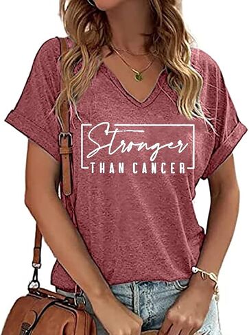 Breast Cancer T Shirt Women Pink Ribbon Shirts Funny Letter Print Cancer Fighter Tees Short Sleeve V-Neck Tops in Kuwait