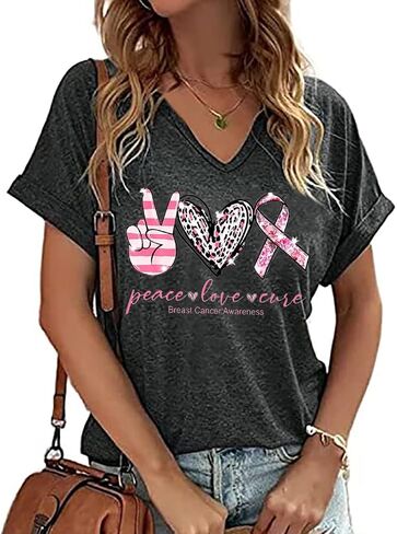 Breast Cancer T Shirt Women Pink Ribbon Shirts Funny Letter Print Cancer Fighter Tees Short Sleeve V-Neck Tops in Kuwait