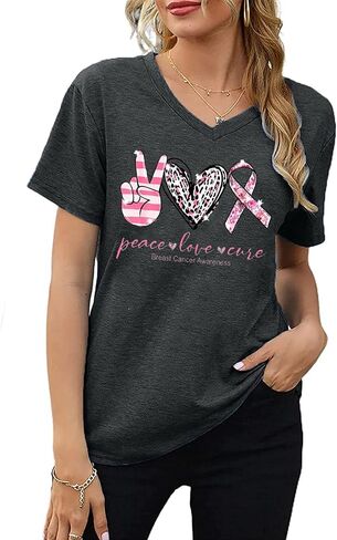 Breast Cancer T Shirt Women Pink Ribbon Shirts Funny Letter Print Cancer Fighter Tees Short Sleeve V-Neck Tops in Kuwait