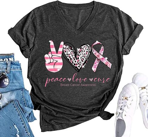 Breast Cancer T Shirt Women Pink Ribbon Shirts Funny Letter Print Cancer Fighter Tees Short Sleeve V-Neck Tops in Kuwait