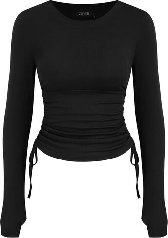 CIDER Womens Ruched Ribbed Top Y2k Fall Fashion Long Sleeve Basic Crop Tops Going Out Trendy Business Casual Outfit in Saudi Arabia