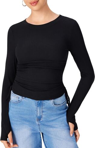 CIDER Womens Ruched Ribbed Top Y2k Fall Fashion Long Sleeve Basic Crop Tops Going Out Trendy Business Casual Outfit in Saudi Arabia