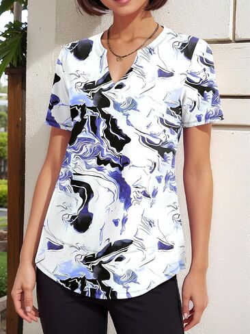 Women's Short Sleeve Workout Tops, Loose Fit V Neck Athletic Tee, Floral Print Running and Yoga Shirts in Saudi Arabia