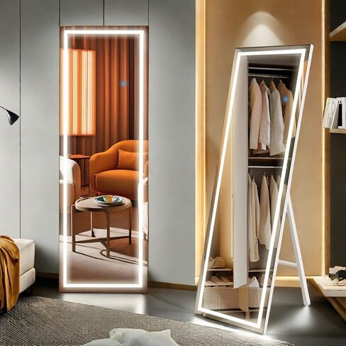 مرآة مستطيلة كاملة الطول مع أضواء LED، مرآة أرضية لكامل الجسم مقاس 64 بوصة × 20 بوصة معلقة أو مرآة مثبتة على الحائط لغرفة النوم، إطار من الألومنيوم، تعتيم وإضاءة 3 ألوان in Kuwait
