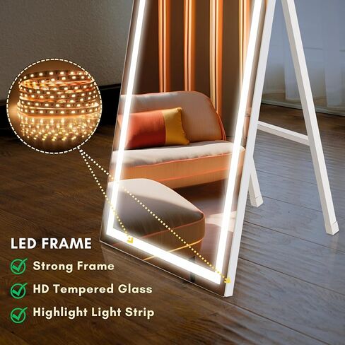 مرآة مستطيلة كاملة الطول مع أضواء LED، مرآة أرضية لكامل الجسم مقاس 64 بوصة × 20 بوصة معلقة أو مرآة مثبتة على الحائط لغرفة النوم، إطار من الألومنيوم، تعتيم وإضاءة 3 ألوان in Kuwait