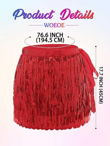 وشاح الورك للرقص الشرقي من Wooee Sparkly، تنورة ملفوفة بالترتر الأحمر، تنانير رقص مهدبة للنساء in Saudi Arabia