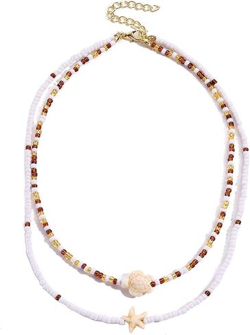 Shell Starfish Fish Toggle Charm Necklace Stack Boho Colorful Pearl Beaded Necklace Summer Coastal Beachy Beach Hawaiian Choker for Women Men in Kuwait