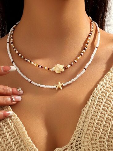 Shell Starfish Fish Toggle Charm Necklace Stack Boho Colorful Pearl Beaded Necklace Summer Coastal Beachy Beach Hawaiian Choker for Women Men in Kuwait