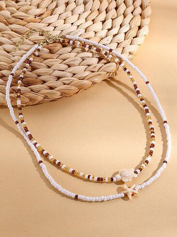 Shell Starfish Fish Toggle Charm Necklace Stack Boho Colorful Pearl Beaded Necklace Summer Coastal Beachy Beach Hawaiian Choker for Women Men in Kuwait