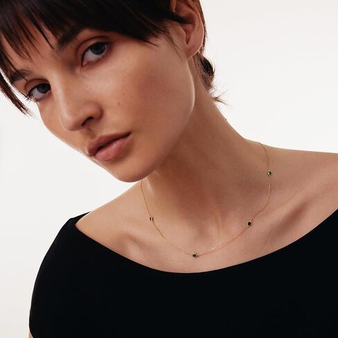 14K Solid Gold Emerald Station Necklace for Women | 14K Real Gold Emerald Yard Necklace | Dainty Station Necklace | Women's 14K Gold Gemstone Jewelry | Gift for Anniversary, 18" in Kuwait