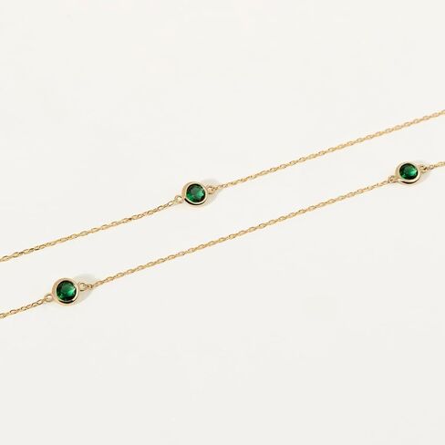 14K Solid Gold Emerald Station Necklace for Women | 14K Real Gold Emerald Yard Necklace | Dainty Station Necklace | Women's 14K Gold Gemstone Jewelry | Gift for Anniversary, 18" in Kuwait