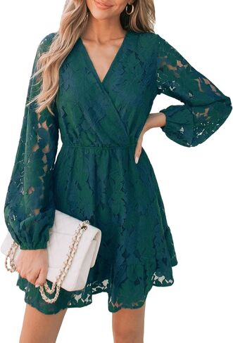 CUPSHE Women Elegant V Neck Lace Peasant Sleeve Mini Summer Dress Elastic High Waist A Line Casual Wedding Guest Dress in Saudi Arabia