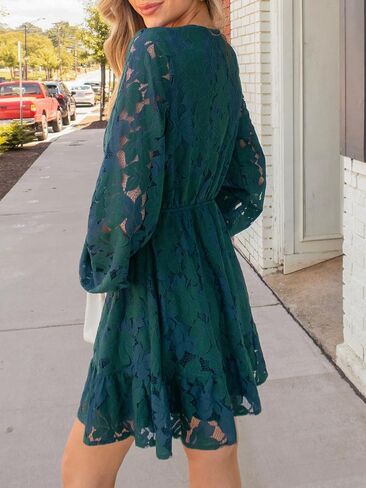 CUPSHE Women Elegant V Neck Lace Peasant Sleeve Mini Summer Dress Elastic High Waist A Line Casual Wedding Guest Dress in Saudi Arabia
