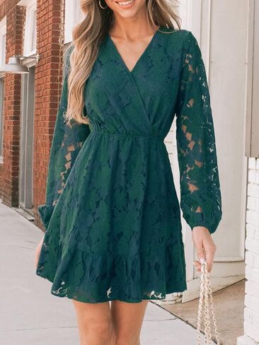 CUPSHE Women Elegant V Neck Lace Peasant Sleeve Mini Summer Dress Elastic High Waist A Line Casual Wedding Guest Dress in Saudi Arabia