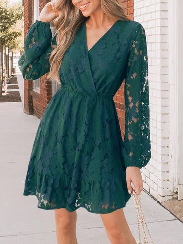 CUPSHE Women Elegant V Neck Lace Peasant Sleeve Mini Summer Dress Elastic High Waist A Line Casual Wedding Guest Dress in Saudi Arabia
