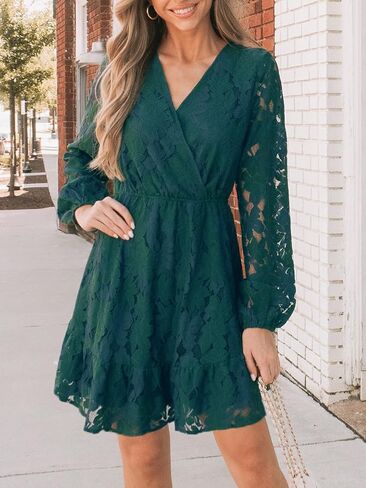 CUPSHE Women Elegant V Neck Lace Peasant Sleeve Mini Summer Dress Elastic High Waist A Line Casual Wedding Guest Dress in Saudi Arabia