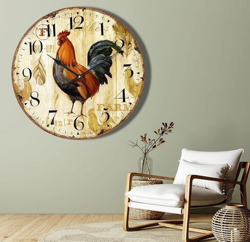 24'' Round Wall Clock, Retro Non-Ticking Wall Clocks Woodgrain Spray Painting Rustic Farmhouse Clock Silent Clocks for Kitchen Living Room Wood Clock in Saudi Arabia