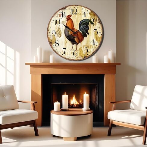 24'' Round Wall Clock, Retro Non-Ticking Wall Clocks Woodgrain Spray Painting Rustic Farmhouse Clock Silent Clocks for Kitchen Living Room Wood Clock in Saudi Arabia