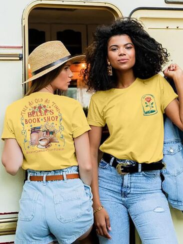 قميص الأميرة للنساء من Belle's Book Shop، قمصان الجمال للعطلات، بأكمام قصيرة، هدية لمحبي الكتب in Kuwait
