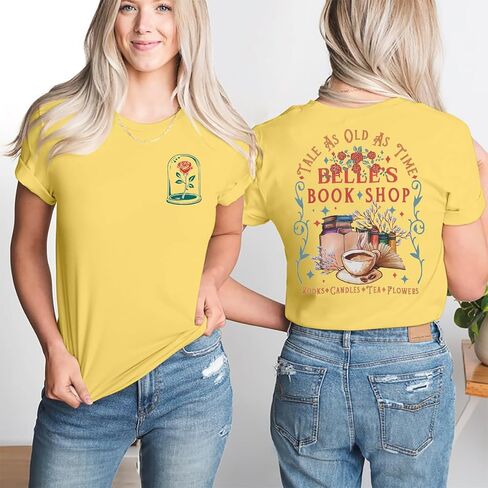 قميص الأميرة للنساء من Belle's Book Shop، قمصان الجمال للعطلات، بأكمام قصيرة، هدية لمحبي الكتب in Kuwait