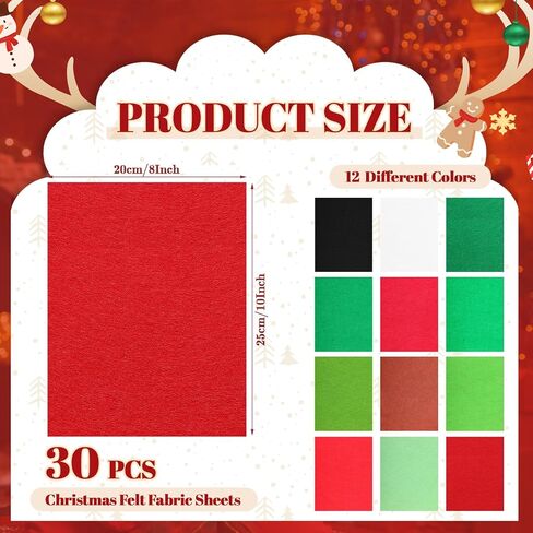 30 قطعة من أوراق نسيج لباد عيد الميلاد الناعمة السميكة المربعة من أوراق الحرف اليدوية أو الحرف اليدوية اليدوية المرقعة فن الخياطة زينة عيد الميلاد أحمر أخضر أبيض 8 × 10 بوصة in Kuwait