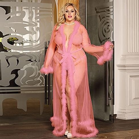 Sheer Mesh Queen Robe with Plush Trim Floor-Length Design Luxurious Open-Front Long Sleeve Nightgown for Women in Saudi Arabia