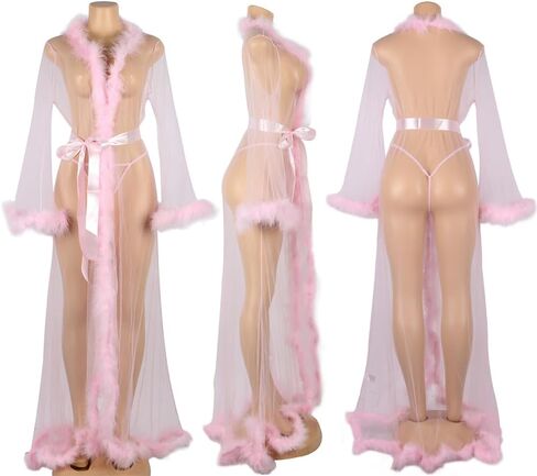 Sheer Mesh Queen Robe with Plush Trim Floor-Length Design Luxurious Open-Front Long Sleeve Nightgown for Women in Saudi Arabia