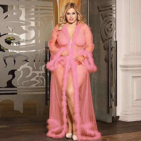 Sheer Mesh Queen Robe with Plush Trim Floor-Length Design Luxurious Open-Front Long Sleeve Nightgown for Women in Saudi Arabia