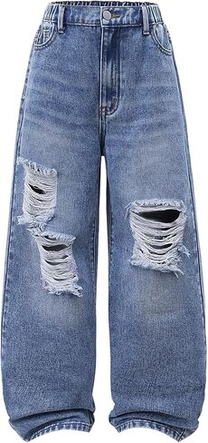 Girl's Y2k Ripped Baggy Jeans Distressed Elastic Waist Straight Leg Denim Pants with Pockets in Saudi Arabia