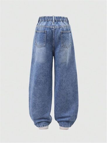 Girl's Y2k Ripped Baggy Jeans Distressed Elastic Waist Straight Leg Denim Pants with Pockets in Saudi Arabia