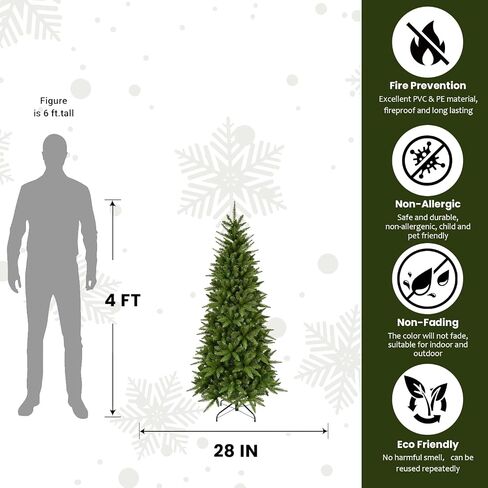 4ft Pre-Lit Artificial Pencil Green Christmas Tree with Warm White 150 LED Lights, Hinged Realistic Slim Xmas Tree w/Sturdy Metal Stand, 424 Tips for Home, Office, Party Decoration Indoor in Saudi Arabia