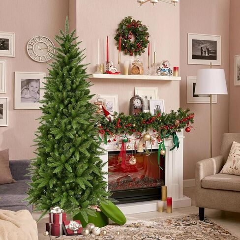 4ft Pre-Lit Artificial Pencil Green Christmas Tree with Warm White 150 LED Lights, Hinged Realistic Slim Xmas Tree w/Sturdy Metal Stand, 424 Tips for Home, Office, Party Decoration Indoor in Saudi Arabia