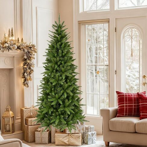 4ft Pre-Lit Artificial Pencil Green Christmas Tree with Warm White 150 LED Lights, Hinged Realistic Slim Xmas Tree w/Sturdy Metal Stand, 424 Tips for Home, Office, Party Decoration Indoor in Saudi Arabia