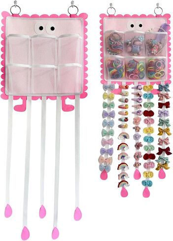 Hanging Hair Clip Organizer with Pockets for Hair Ties, Hair Bow Holder for Girls Barrettes, Scrunchies – Cute Hair Accessories Organizer for Kids & Toddlers in Saudi Arabia