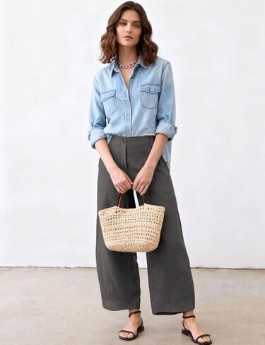 Xiaoxuemeng Linen Pants Women Wide Leg Capri Beach Pants Elastic Waisted Baggy Linen Trousers in Saudi Arabia