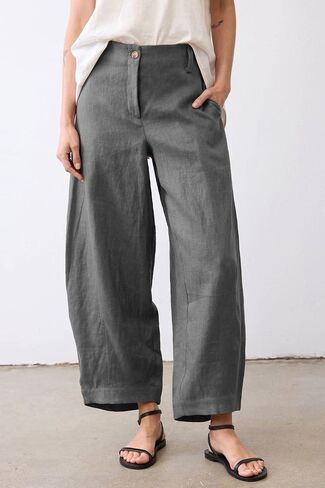 Xiaoxuemeng Linen Pants Women Wide Leg Capri Beach Pants Elastic Waisted Baggy Linen Trousers in Saudi Arabia