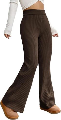 ZAFUL Women's Wide Leg Pants Ribbed Casual Flare Leg Knit Pants Elastic High Waist Home Flare Leggings Trousers Pants in Saudi Arabia