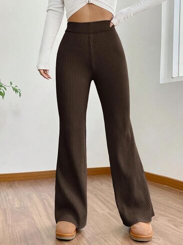 ZAFUL Women's Wide Leg Pants Ribbed Casual Flare Leg Knit Pants Elastic High Waist Home Flare Leggings Trousers Pants in Saudi Arabia