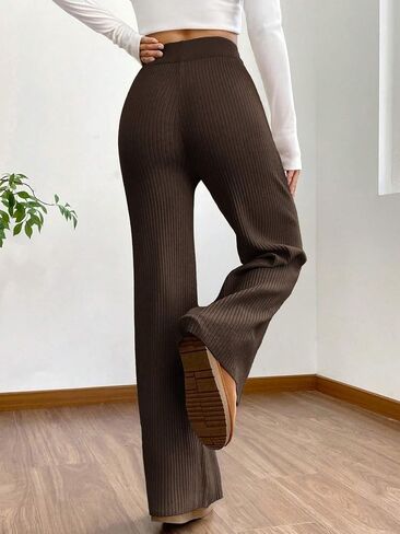 ZAFUL Women's Wide Leg Pants Ribbed Casual Flare Leg Knit Pants Elastic High Waist Home Flare Leggings Trousers Pants in Saudi Arabia