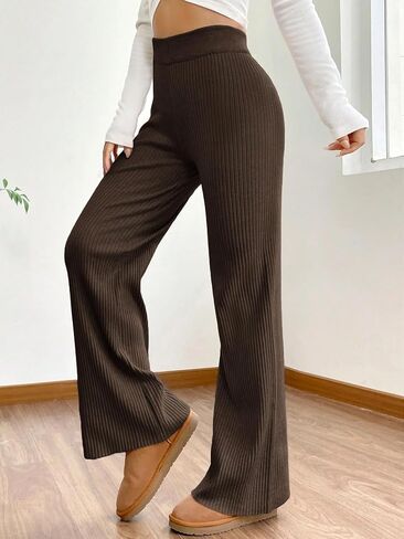 ZAFUL Women's Wide Leg Pants Ribbed Casual Flare Leg Knit Pants Elastic High Waist Home Flare Leggings Trousers Pants in Saudi Arabia