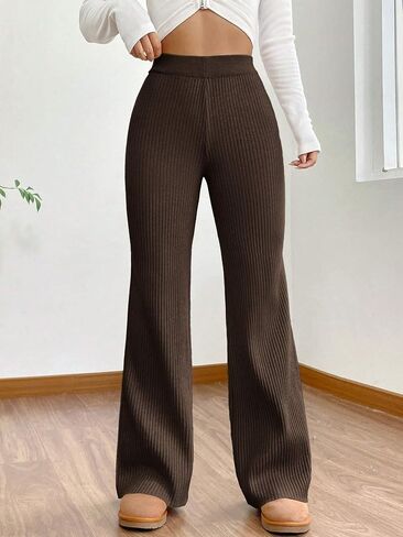 ZAFUL Women's Wide Leg Pants Ribbed Casual Flare Leg Knit Pants Elastic High Waist Home Flare Leggings Trousers Pants in Saudi Arabia
