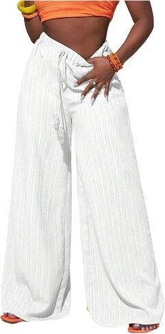 SHENHE Women's Summer Wide Leg Palazzo Pants High Waisted Drawstring Boho Baggy Flowy Pants in Saudi Arabia