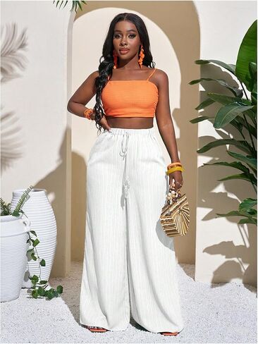 SHENHE Women's Summer Wide Leg Palazzo Pants High Waisted Drawstring Boho Baggy Flowy Pants in Saudi Arabia