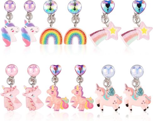 6 Pairs Clip On Drop Earrings, Colorful Non-Pierced Clip On Earrings Resin Rainbow Crown Flower Heart Clip On Earrings Ear Clips for Girls Kids Toddler Dress Up Princess Jewelry Accessories in Saudi Arabia