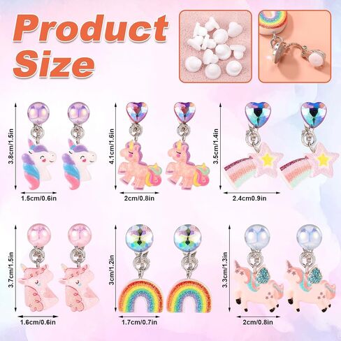6 Pairs Clip On Drop Earrings, Colorful Non-Pierced Clip On Earrings Resin Rainbow Crown Flower Heart Clip On Earrings Ear Clips for Girls Kids Toddler Dress Up Princess Jewelry Accessories in Saudi Arabia