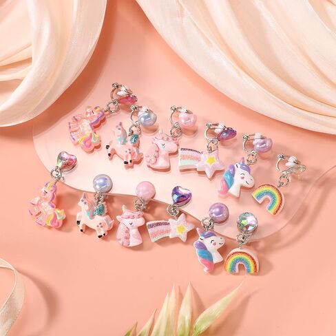 6 Pairs Clip On Drop Earrings, Colorful Non-Pierced Clip On Earrings Resin Rainbow Crown Flower Heart Clip On Earrings Ear Clips for Girls Kids Toddler Dress Up Princess Jewelry Accessories in Saudi Arabia