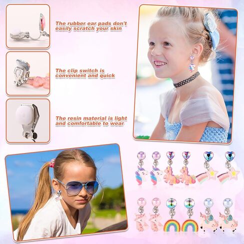 6 Pairs Clip On Drop Earrings, Colorful Non-Pierced Clip On Earrings Resin Rainbow Crown Flower Heart Clip On Earrings Ear Clips for Girls Kids Toddler Dress Up Princess Jewelry Accessories in Saudi Arabia