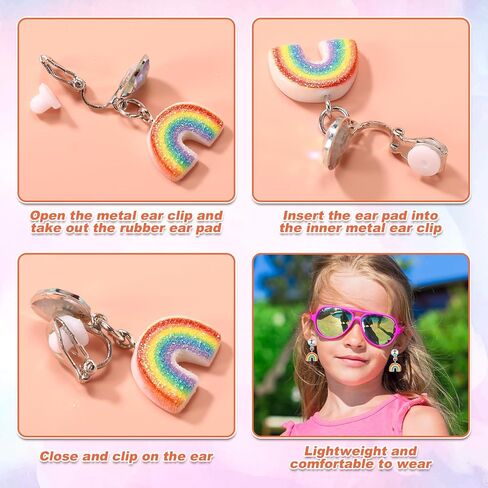 6 Pairs Clip On Drop Earrings, Colorful Non-Pierced Clip On Earrings Resin Rainbow Crown Flower Heart Clip On Earrings Ear Clips for Girls Kids Toddler Dress Up Princess Jewelry Accessories in Saudi Arabia